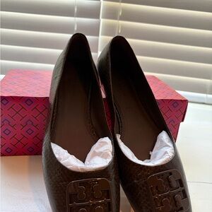 Tory Burch Dark Brown Flats with Logo Accent